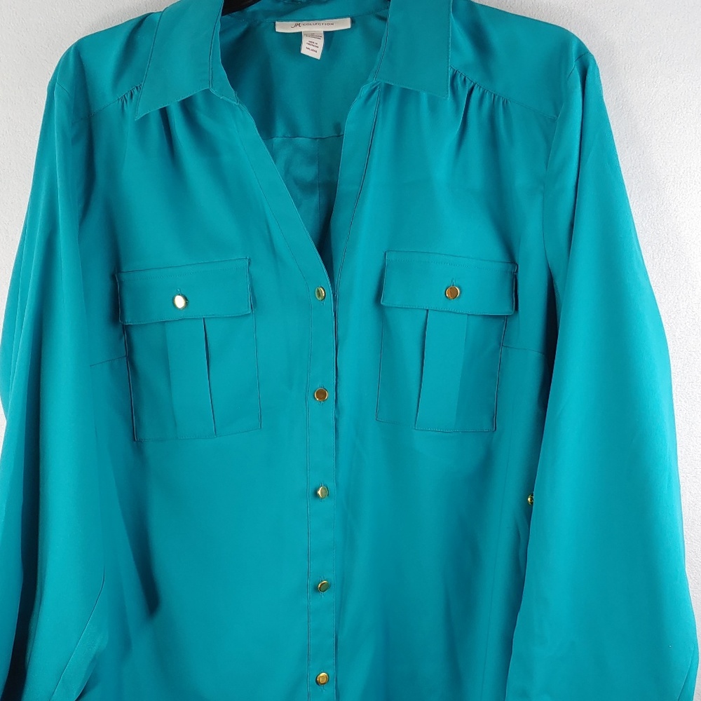 JM Collection Blue Roll-Up Sleeve  Blouse Sz 16